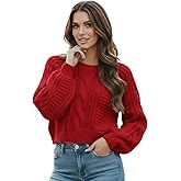 Grewear Women's Cropped Cable Knit Sweater, Soft and Warm Long Sleeve Pullover, Casual Knit Top for Fall Winter