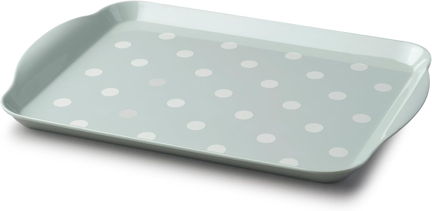 Zeal Melamine Food Serving Tray with Handles and Lipped Edges, Dotty Polka Dot Serving Lap Tray 30 x 21cm, Sage Green