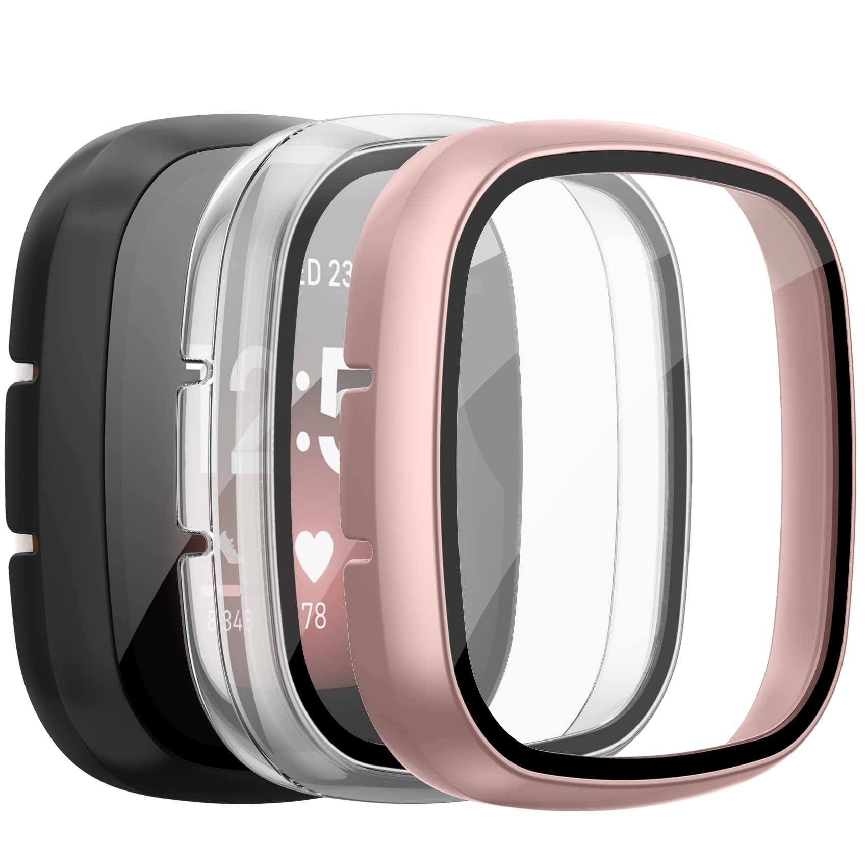 [3 Pack] Screen Protector for Fitbit Sense/Versa 3 with HD Tempered Glass Sensitive Touch Protective Case, Hard PC Cover with Full Coverage Bumper (Rose Gold/Black/Transparent)