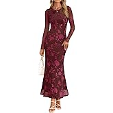 MEROKEETY Women's 2026 Spring Wedding Guest Maxi Dress Long Sleeve Bodycon Floral Mesh Fall Cocktail Formal Party Dresses