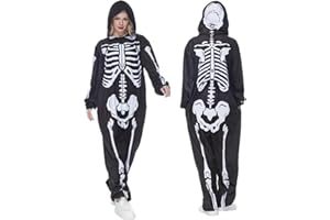 FantastCostumes Unisex Adult Skeleton Costume Halloween Plush Jumpsuit Double Sided Print One Piece Skull Pajamas with Hood
