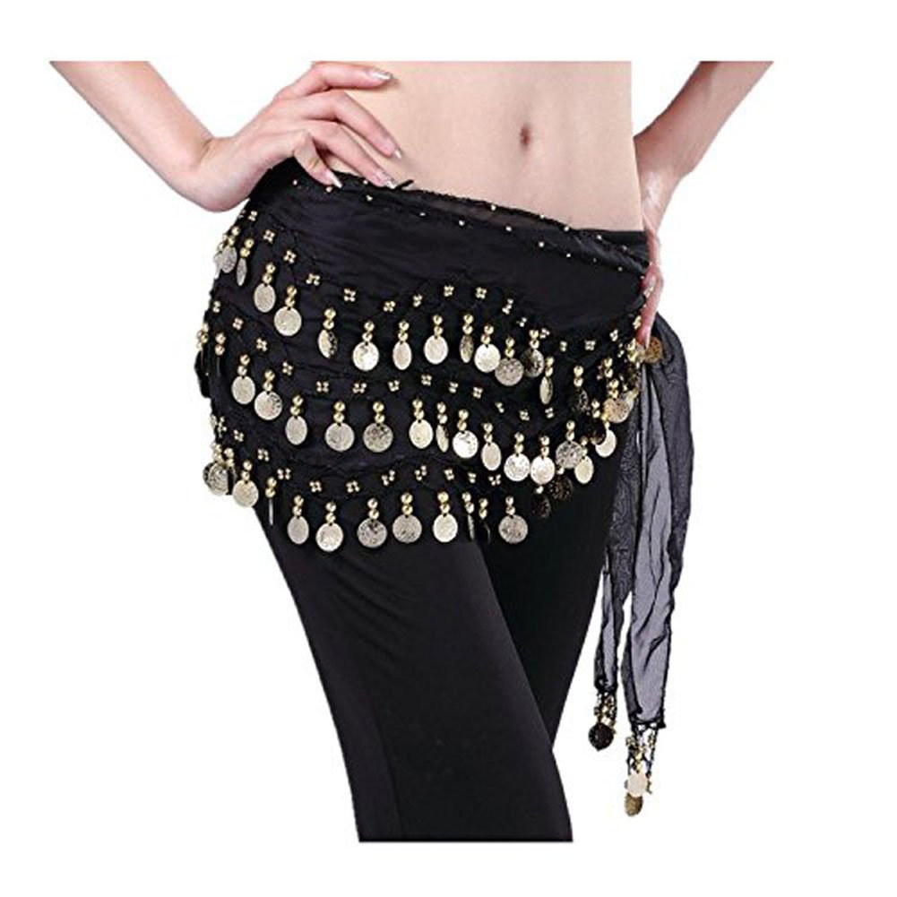 Kooyu Women Chiffon Belly Dancing Hip Scarf Wrap Belt Dangling 3 Rows Gold Coins (Black)