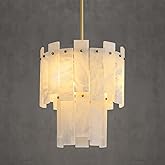 PIOUTNF Alabaster Round Chandelier, 2-Tier Spanish Alabaster Chandeliers, Warm White, 13" Modern Small Gold Marble Pendant Ch