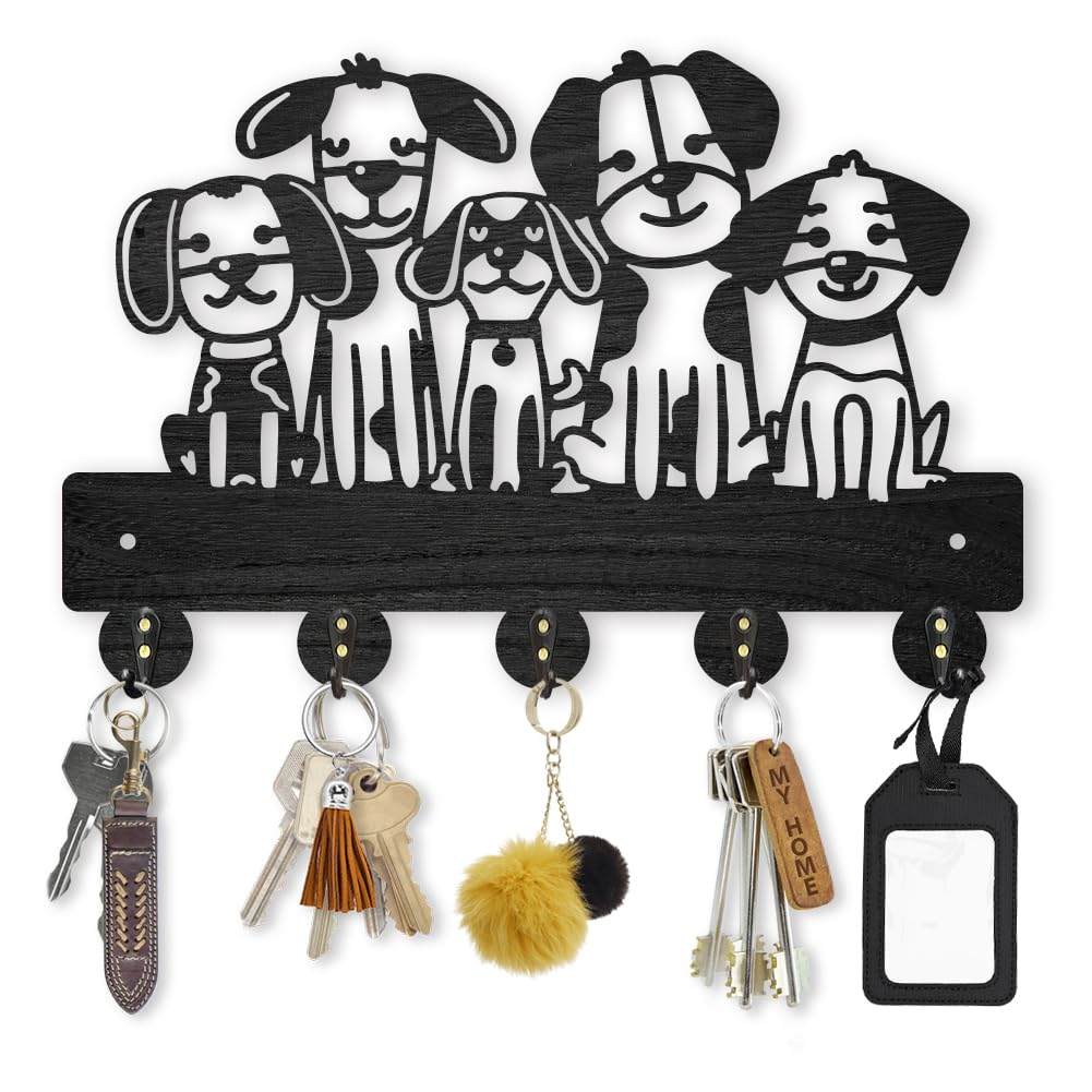 MAYJOYDIY Dog Wall Key Holder, 30x20 cm, 5 Alloy Hooks, Wood Pet Design, Black Dog Leash Key Hanger for Entryway Room Kitchen Office