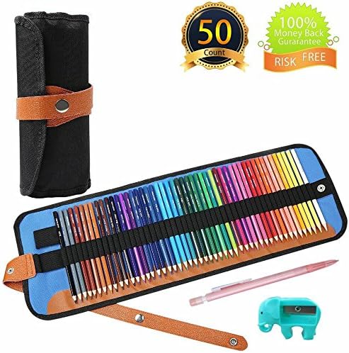 Colored Pencils Art Tools Drawing Supplies 50 Count Set for Adult Coloring Gift for Children with Pre-sharpened warp canvas case
