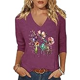 TKTSO Boho Floral Graphic V Neck Shirt for Women Funny Flower Wildflower 3/4 Sleeve Tee Casual Basic Tops Pullover