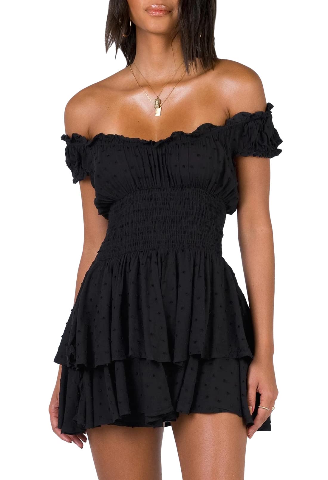 Photo 1 of AOHITE Womens Summer Tube Top Dress Off-Shoulder Ruffled Flowy Mini Short Dresses Black Large