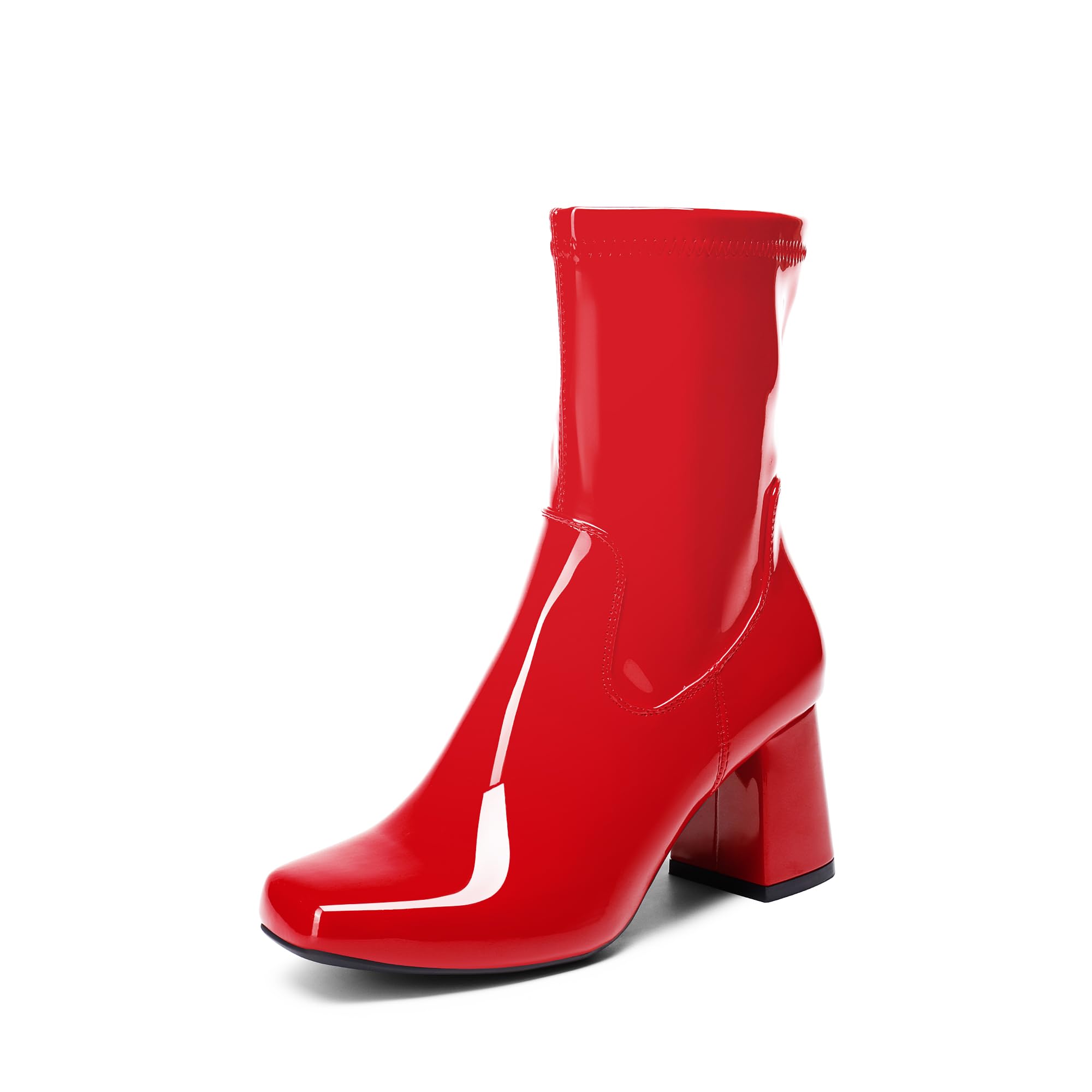 Photo 1 of DREAM PAIRS Women's Gogo Boots Mid Calf Low Block Heel Boots Zipper Square Toe Ankle Boots For Party Cosplay Dance,Size 6,Red-Pat,SDMB2301W
