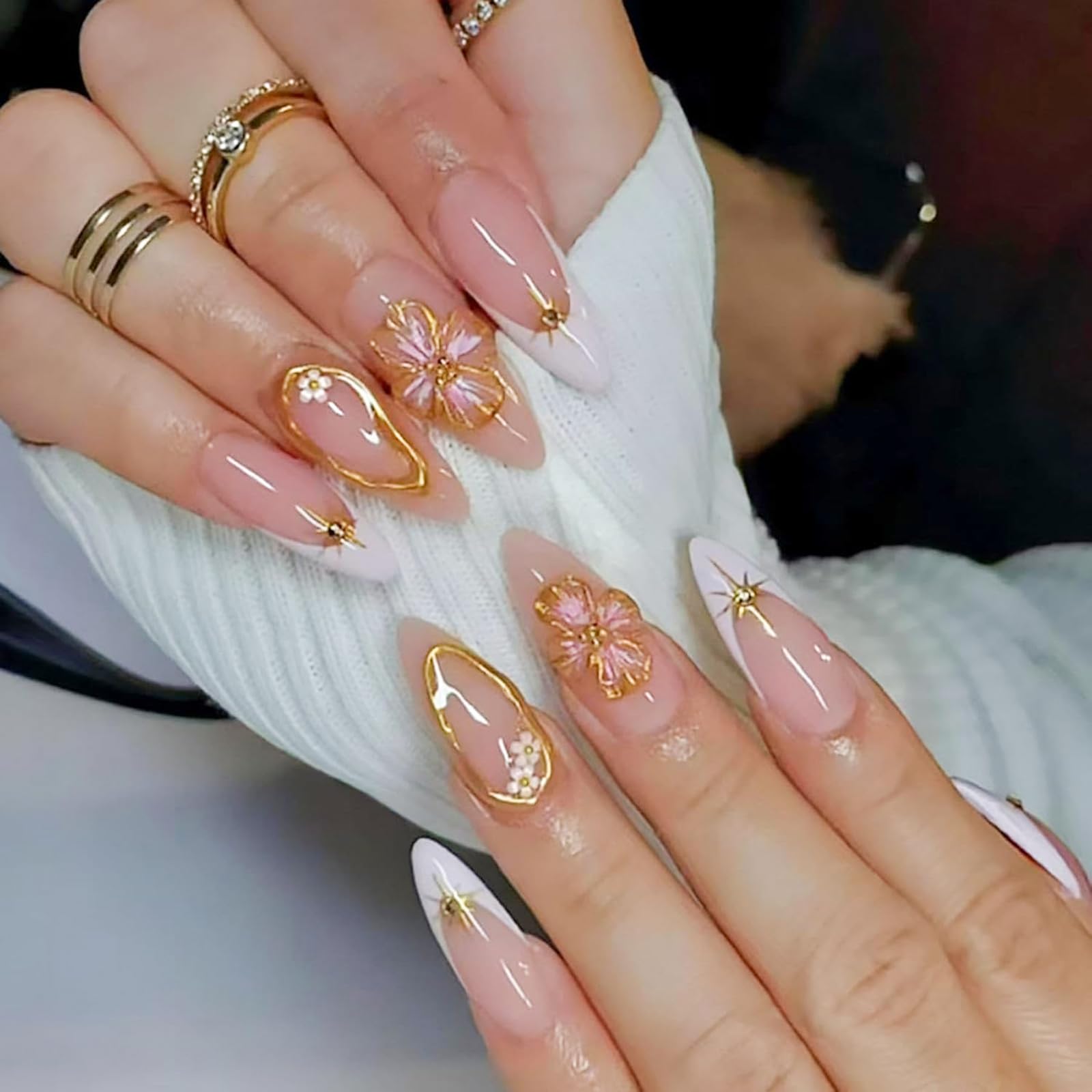 Gold Flower Press on Nails Medium Almond Fake Nails with Gold Star Designs Glue on Nails White French tips False Nails Glossy Reusable Embossed Nails for Women Girls Manicure 24pcs