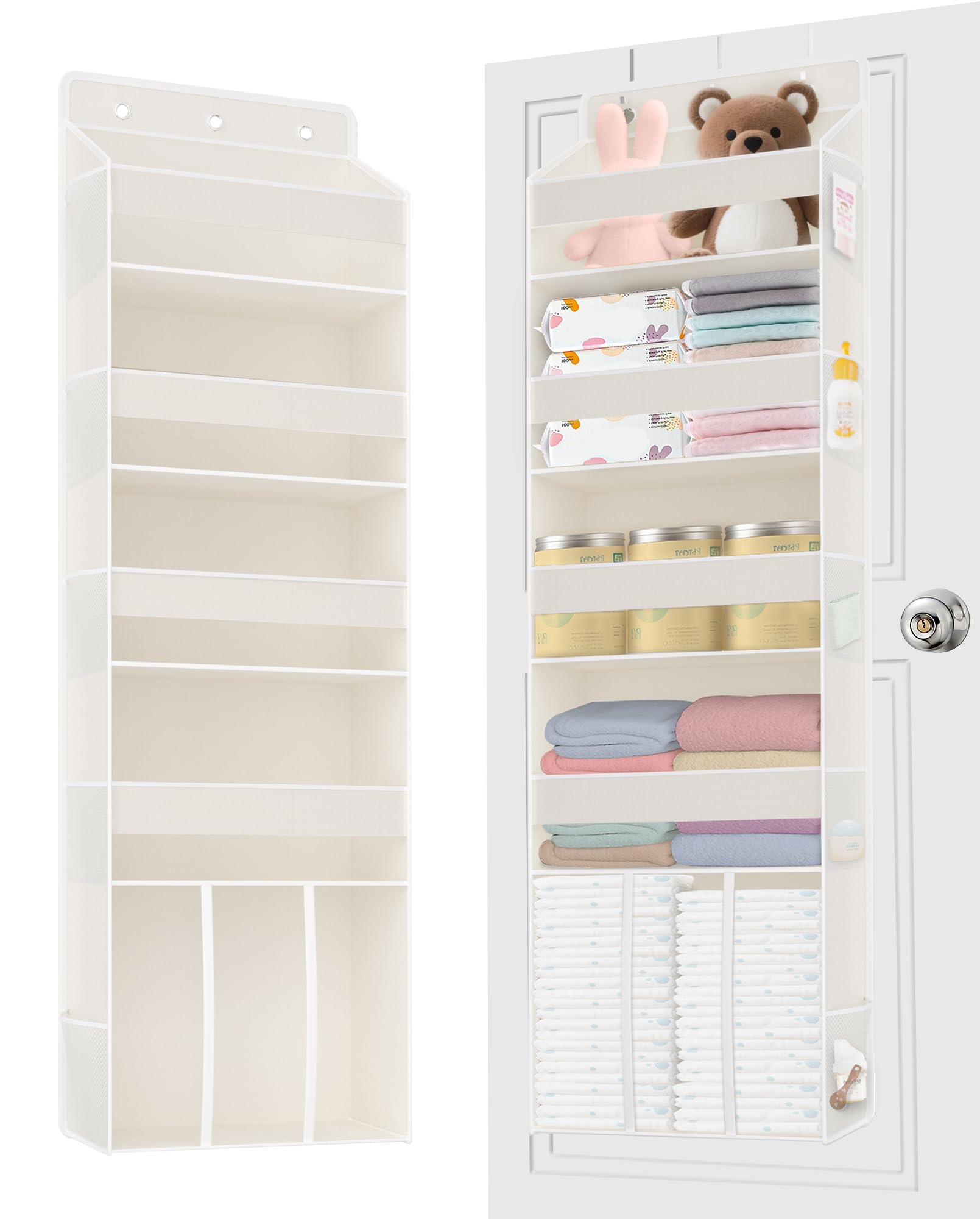 Photo 1 of TAHAVICE 1 PC Over the Door Diaper Organizer with 1 Large Capacity Caddy, 4 Shelf & 10 Mesh Side Pockets, Baby Stuff Hanging Caddy Storage and Newborn Essentials Closet Organizer for Nursery, Bedroom