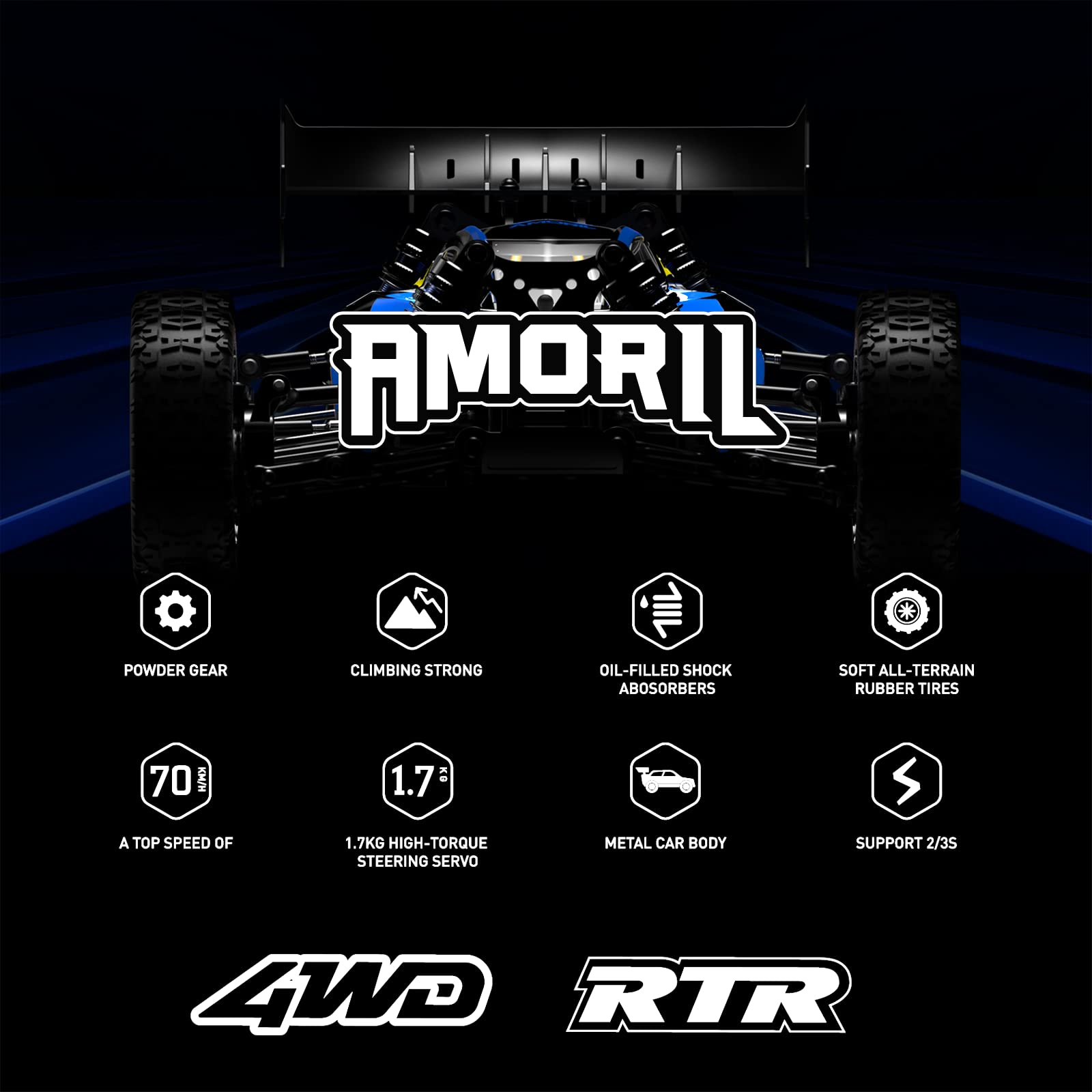 AMORIL 1:14 Fast RC Cars for Adults,Top Speed 70+KMH,Hobby Remote Control Car,4X4 Large Truck Off-Road Racing Buggy,Electric Vehicle Toy for Kids with Oil-Filled Shocks,Upgraded Metal Parts