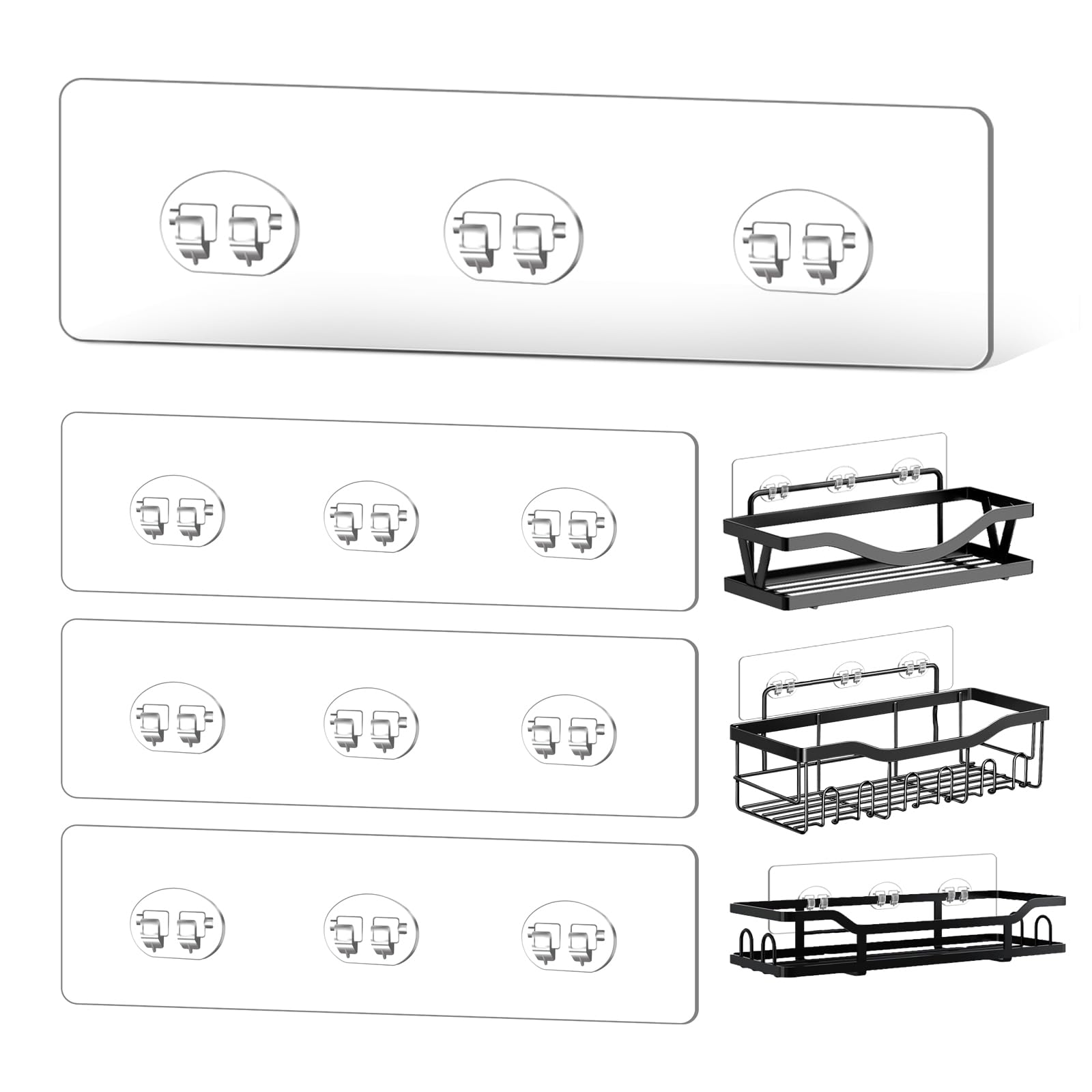 4 Pack Shower Shelf Adhesive Replacement, No Drilling Transparent Adhesive Hooks Stickers, Strong Wall Hook Strip for Shower Caddy Basket and Bathroom Shelf, Kitchen Racks (3 Hooks)