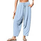 TARSE Women's Linen Harem Pants Casual Loose Fit Wide Leg Cropped Lightweight Drawstring Elastic Waist Pants with Pockets