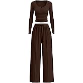 Simlakey Women's 2 Piece Lounge Set 2025 Fall Travel Outfits Knit Long Sleeve Top Henley Shirt Wide Leg Pants Airport Clothes