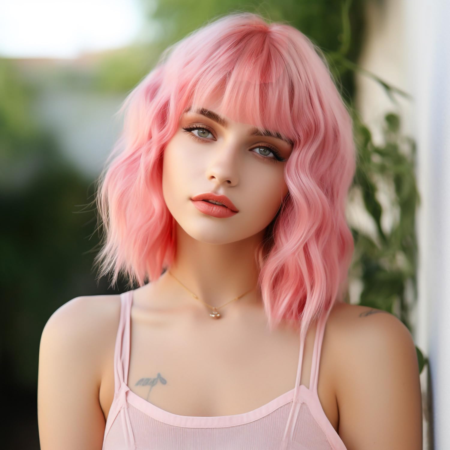 Photo 1 of Amyqueen Pink Wig for Women,Pastel Loose Wavy Wig with Air Bangs Shoulder Length Bob Synthetic Cosplay Wig for Girl Colorful Costume Wigs (Pink)
