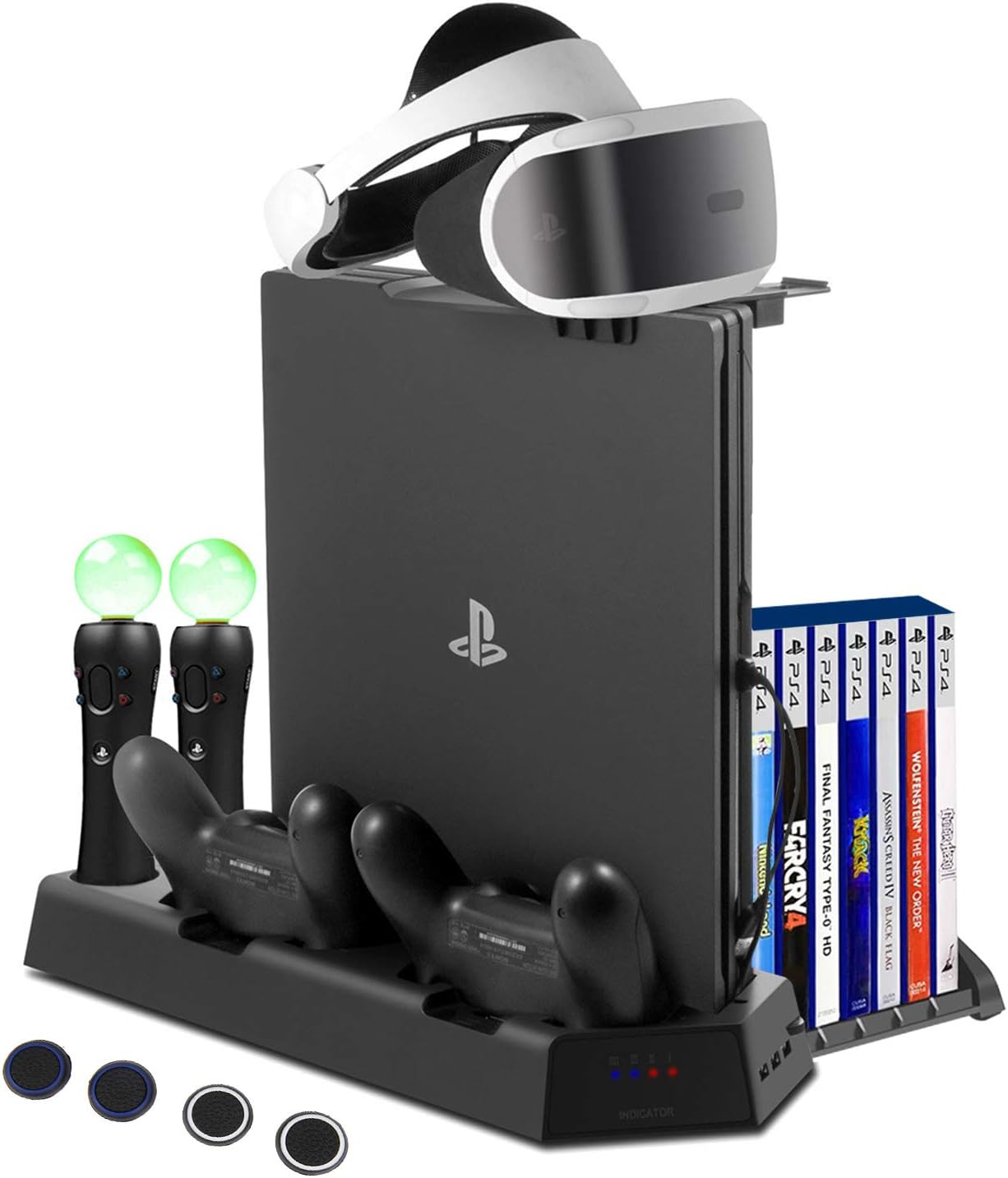 FlexDin PlayStation PS4 VR Charging Station, PS4 Slim / PS4 Pro / PS4 Multifunctional Vertical Cooling Stand with Games Storage, Quad Charger Dock for PS3 / PS4 Move Motion Controller & DualShock 4