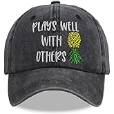 KKMKSHHG Upside Down Pineapple Gifts for Women Men, Funny Plays Well with Others Hat, Birthday Gifts for Dad, Mom, Husband, Wife, Grandpa, Grandma, Adjustable Vintage Cotton Fruit Summer Baseball Cap