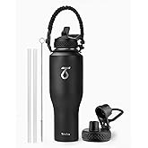 Trebo 40 oz Insulated Water Bottle that Fits in Car Cup Holder,Triple Wall Stainless Steel Water Bottles Insulated,LeakProof,Keep 48 hrs Cold & 24 hrs Hot,Metal Tumbler with Paracord Handle,Straw