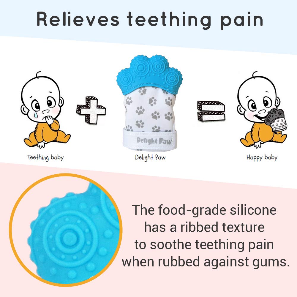 Delight Paw Baby Teething Mitten | Self Soothing Pain Relief | Hygienic Travel Bag | No BPA | Baby Boy/Girl | 3+ Months | Bubbly Blue | 2 Pack