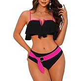 ChiaoLezhee Ruffle V-Wire Bikini Set, Color Block Self-Tie Flowy, Mid Rise Full Coverage Bottom 2 Piece Swimsuit for Women