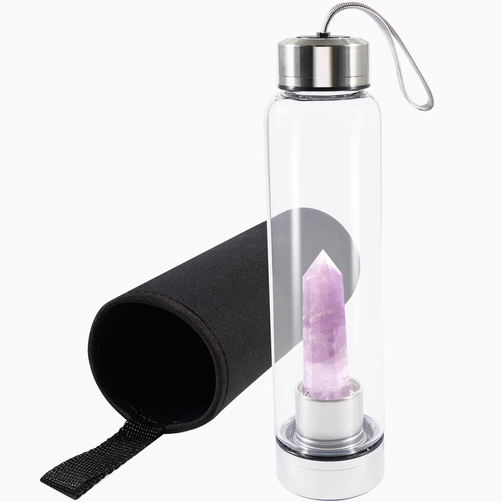 soulnioi Healing Crystal Glass Water Bottle Stainless Steel Water Bottle with Changeable Natural Crystal Point Center, with Black Protective Cup Cover, Energy Cup Gifts for Friends (Amethyst)