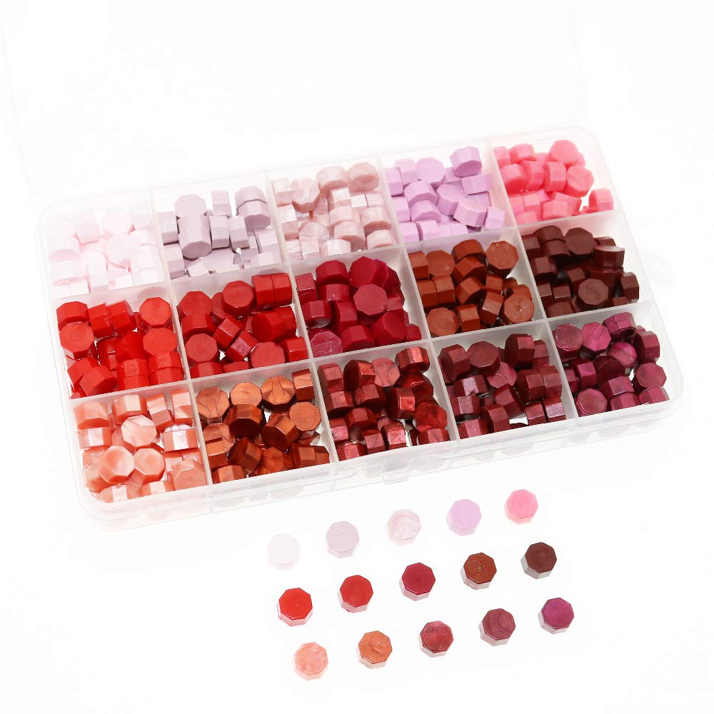 BITEYI Sealing Wax Beads,Octagon Sealing Wax Beads for Wax Stamp Sealing Letter and Vintage Wedding Invitation Decorative,15 Colors,375 pcs (Red)