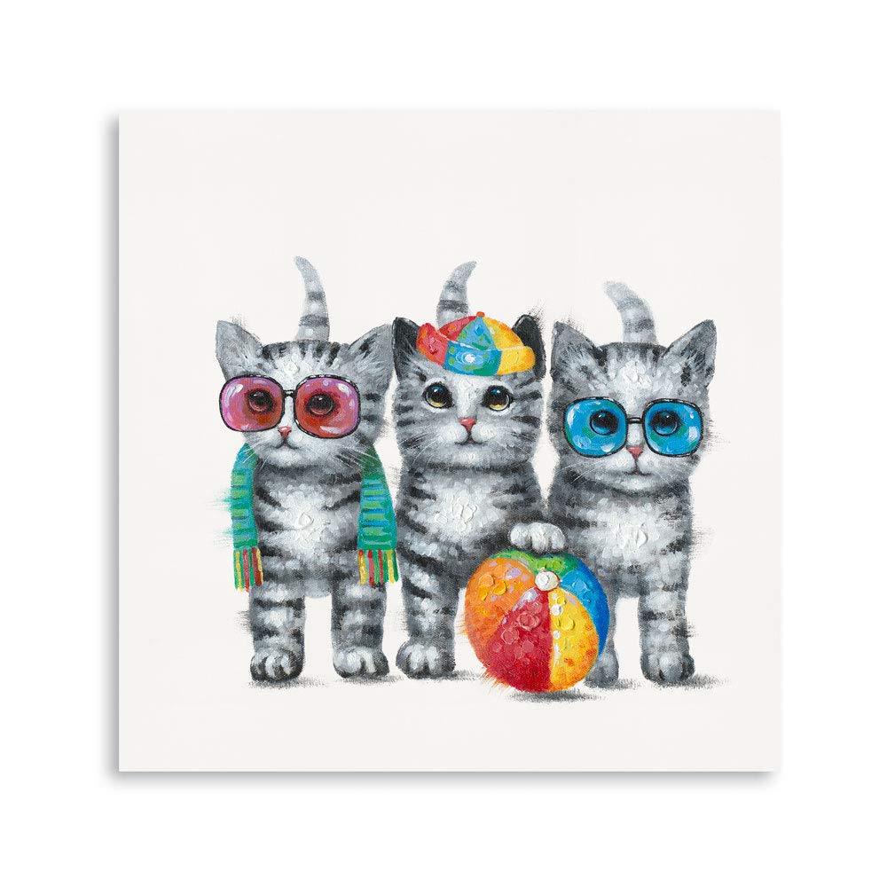 Yidepot Cute Cat Canvas Wall Art: Framed Cats Pictures Small Funny Kitty-Cat Babies Painting for Girl's Bedroom Bathroom Ready to Hang (30x30CM)