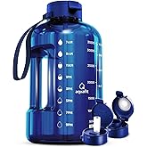 AQUAFIT 1 Gallon Water Bottle with Time Marker - Straw & Chug Lid - BPA Free Gym Water Bottle with Straw - Big Gallon Jug (Blue, 128 oz - 2 Lids)