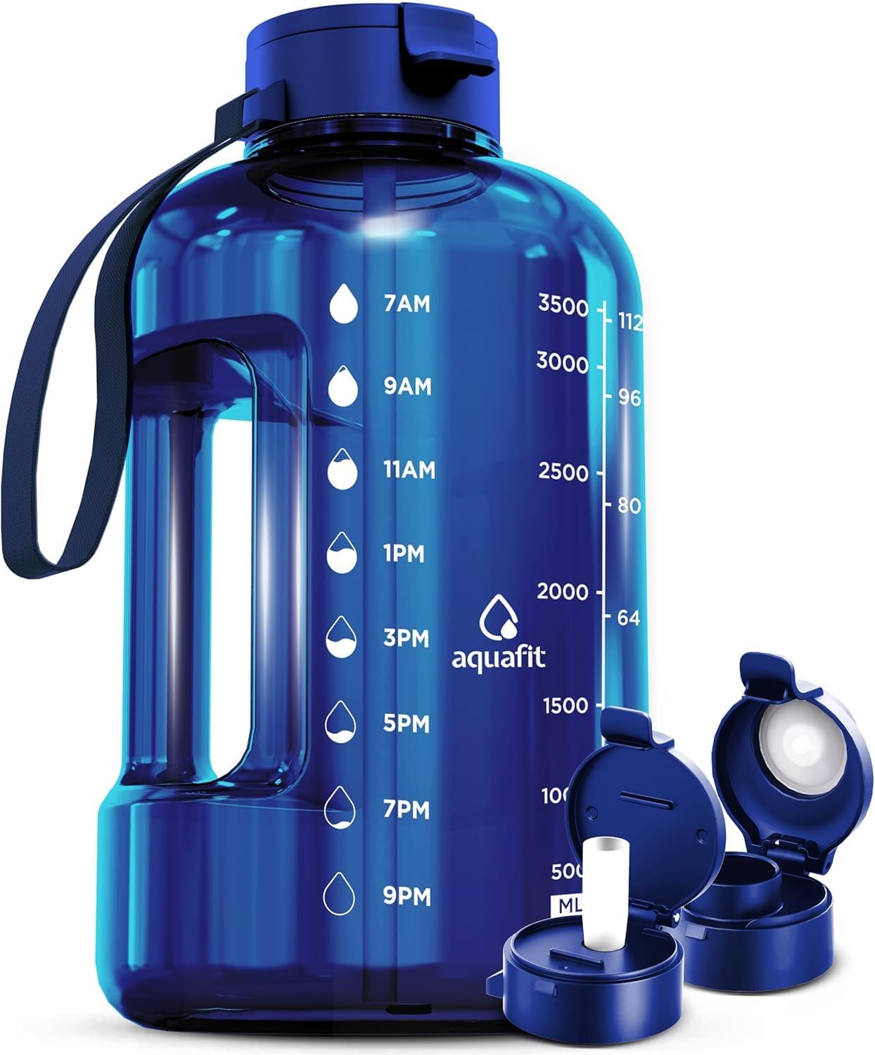 AQUAFIT 4 Litre Water Bottle with Straw - Water Bottle 4L with Time Marker - One Gallon Big Bottle with Straw - Large Bottle For Gym - 2 Lids, Dark Blue — image 1