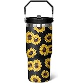 qwpmvhsak Sunflower 30 oz Stainless Steel Insulated Tumbler with Handle Lid and Straw, Leakproof Tumbler with Straw, Sunflower Decor