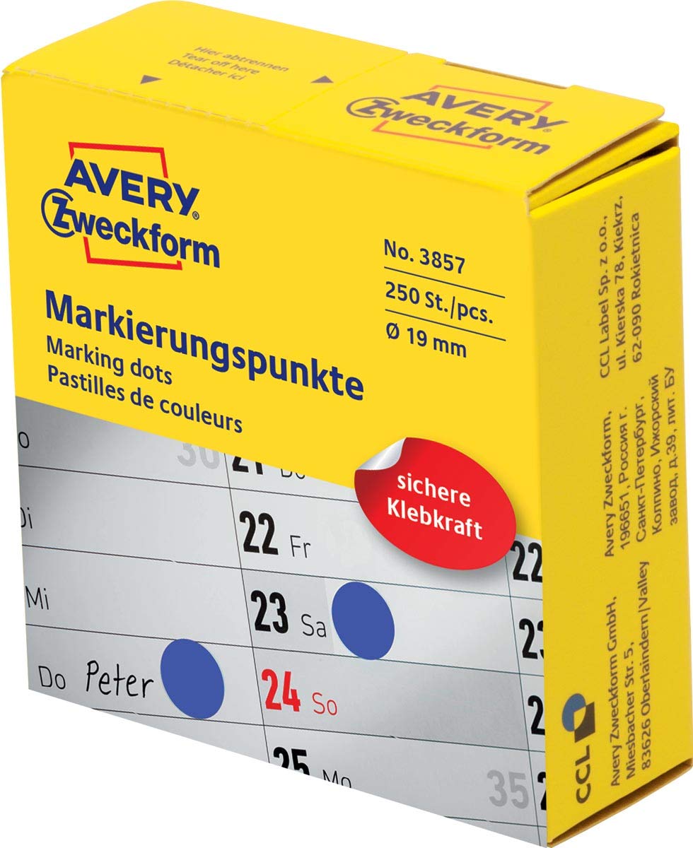 AVERY Zweckform 3857 self-Adhesive Marker dots (Diameter 19 mm, 250 Adhesive dots on a roll in Dispenser, Round Stickers for Calendar, Planners and Crafts), Blue