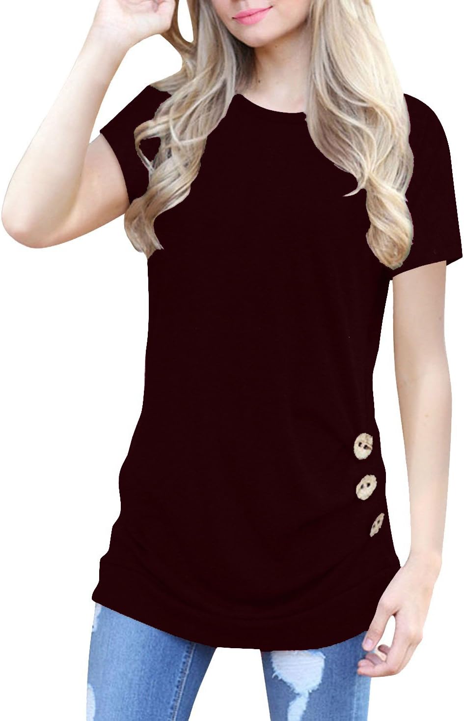Anicco Womens Short Sleeve Casual Round Neck Loose Tunic Top Blouse T-Shirt Maroon-M