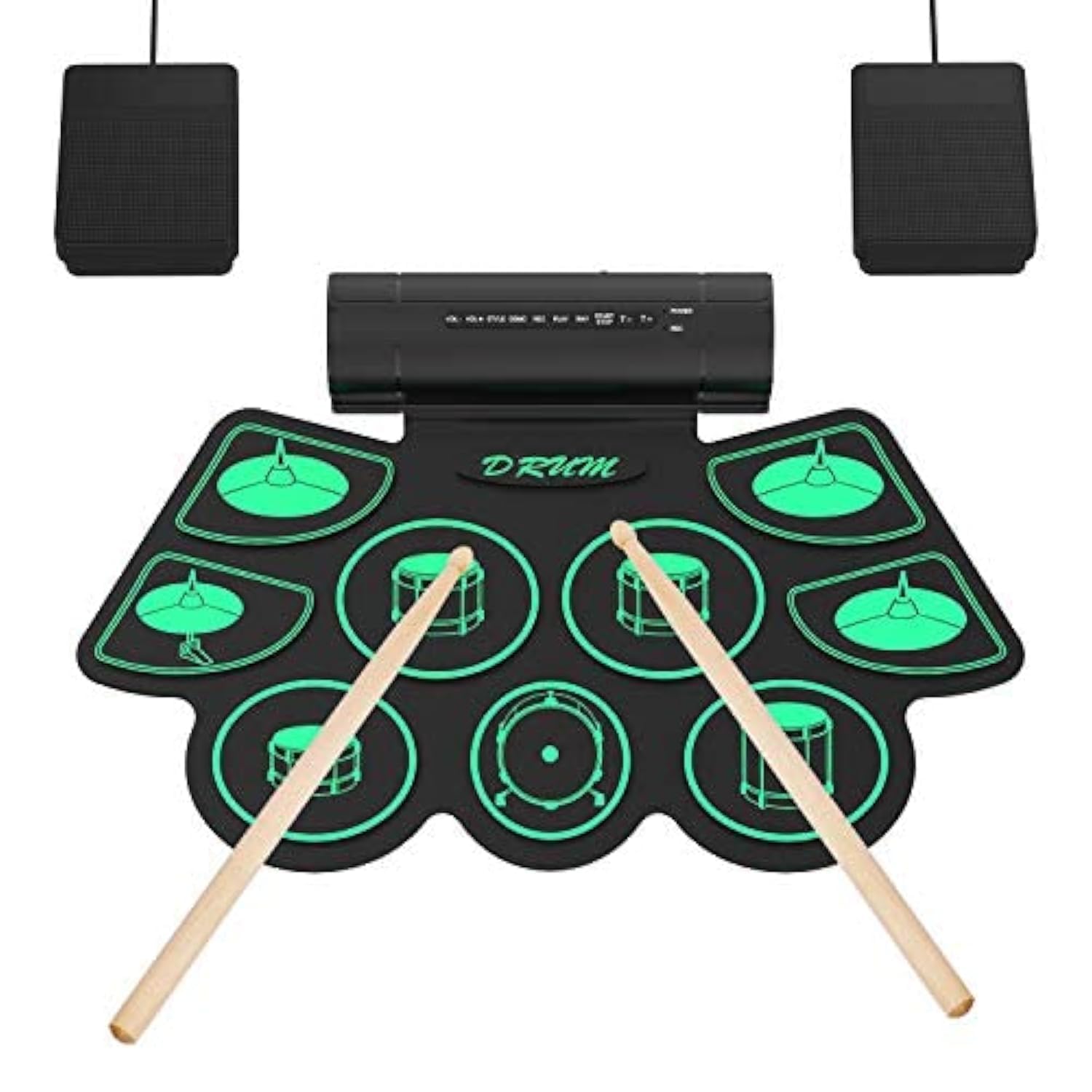 Electric Drum Set with 9 Electric Battery Pads with Headphone Plug, Speaker and Built-in Battery, Wooden Chopsticks and Pedals, Roll Up Drum
