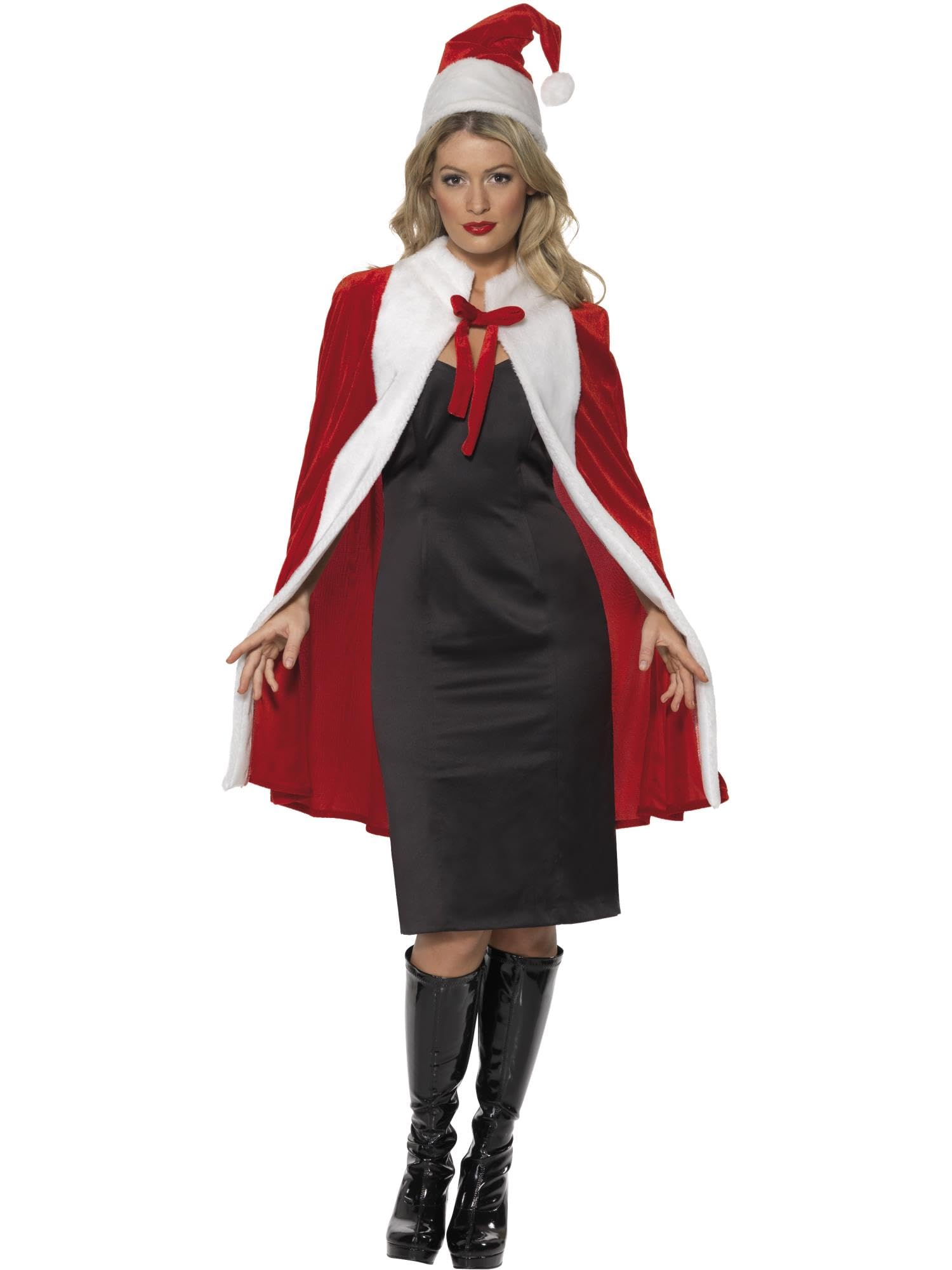 Smiffys Deluxe Santa Kit for Women, Red & White Christmas Fancy Dress Set with Luxury Velvet Cape and Santa Hat, Festive Miss Santa Accessory Kit for Holiday Parties, Events & Xmas Costumes, one size