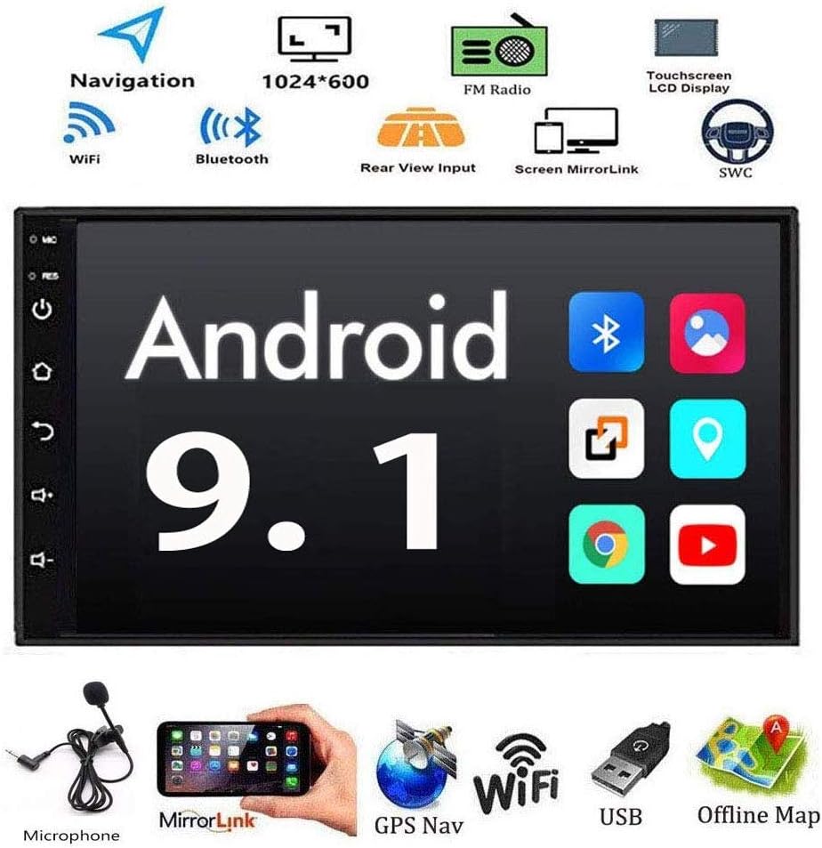 Android 9.1 Double Din Car Stereo, 7 Inch Car Radio Head Unit with Bluetooth, in-Dash Autoradio GPS Navigation WiFi Mirror Link Rearview Input+Offline Map+Microphone