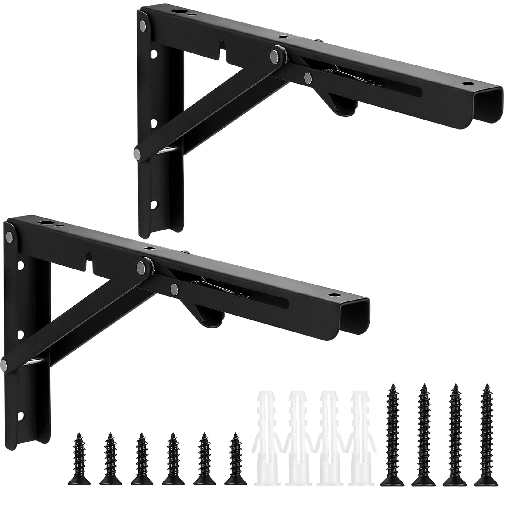 Qeapug Folding Shelf Brackets, 2pcs Heavy Duty Collapsible Shelf Brackets, Folding Brackets Wall Mounted Triangle Shelves Bracket Supports for Bench Table Shelf, Black, Max Load 80kg (30cm/12 Inch)