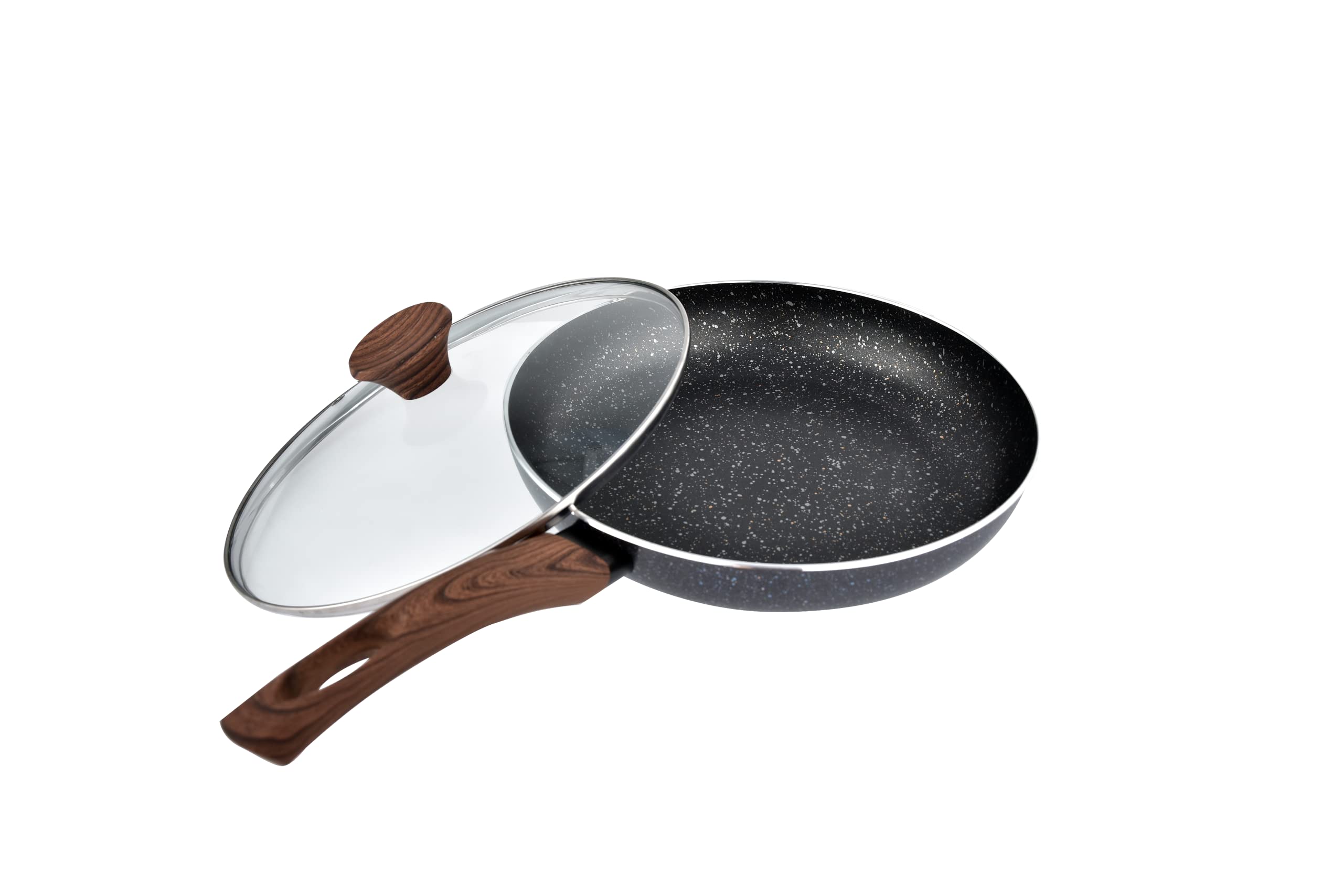 Ignite Cookware 28cm Marble Coated Non Stick Fry Pan with Glass Lid - Frying and Omelette Pan for Induction Hob