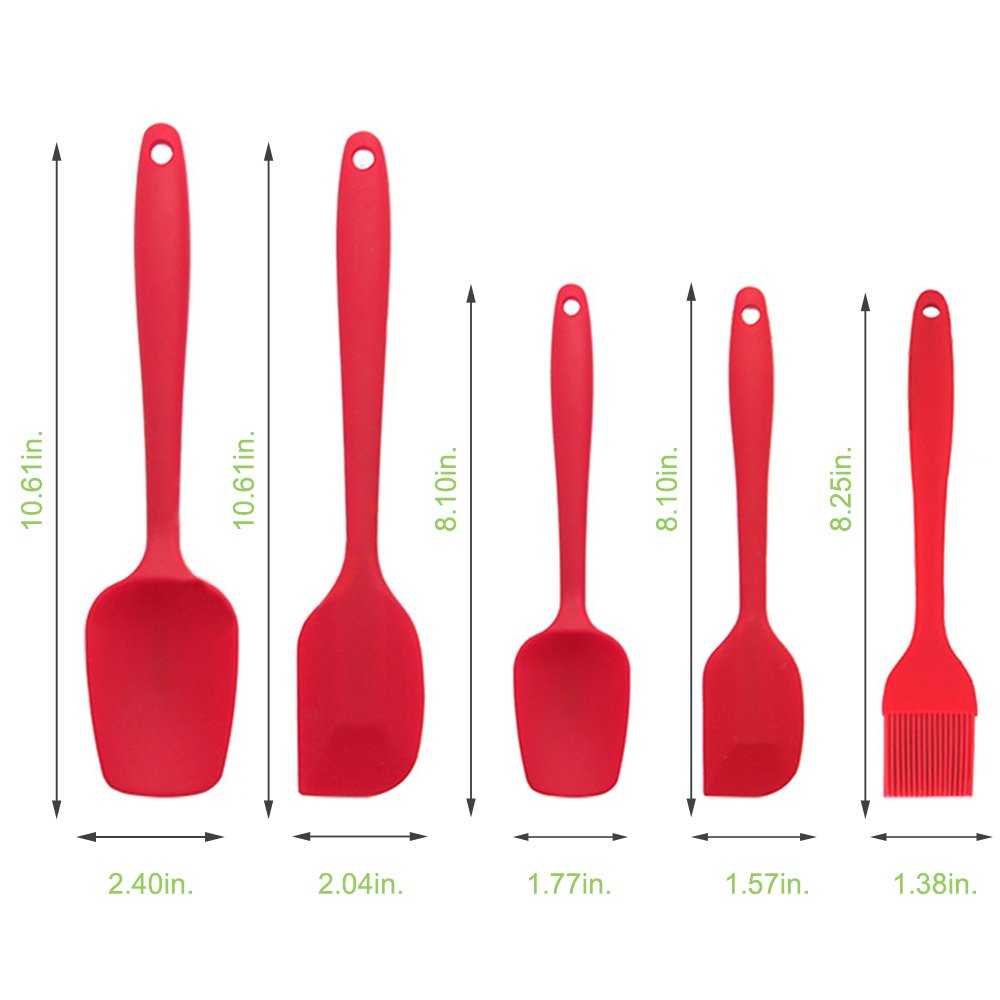 MZCH Nonstick Silicone Spatula Set, Rubber Spatulas Baking Spoon Basting Brush with Comfortable Wide Handle, Heat-Resistant Cooking Utensil Sets, Red, Set of 5 pieces