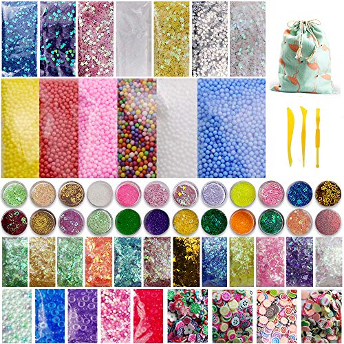 Slime Supplies Kit, 63 Packs Slime Beads Charms Include Floam Beads, Fishbowl Beads, Foam Balls, Glitter, Fruit Slices, Slime Accessories for Slime Party Decorations DIY Art Craft Making