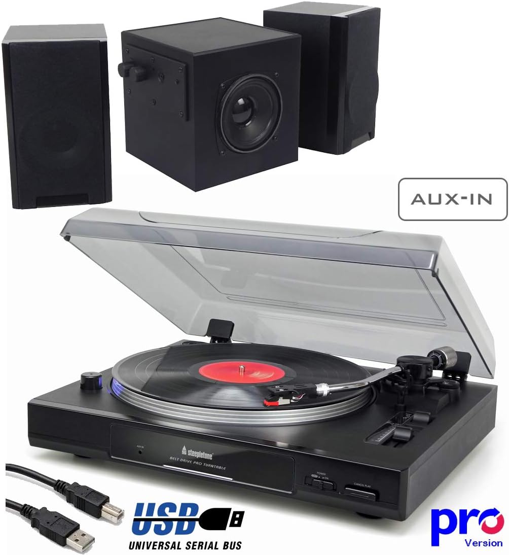 Full Size Belt Drive 2-Speed Semi-Automatic PRO Turntable Record Player. Record Records to Computer (USB), Pitch Control, Anti-Skating, S Shape Metal Tone Arm (DJ Professional), AUX IN. Inc: Speakers