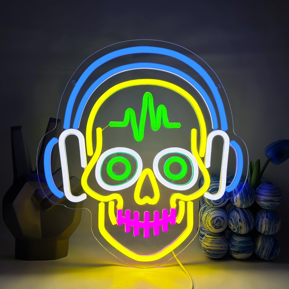 UExnkj-Y Skull Neon Sign Headphones Skull Neon Lights Advertising Wall Decoration USB powered LED neon with switch, suitable for game room,club,party,nightclub,gift,Halloweenwall decoration