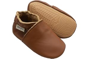 mepiq Soft Leather Slippers Baby Moccasins with Rubber Sole, Anti-Slip Infant Toddler First Walking Shoes for Boys Girls, 0-24 Months