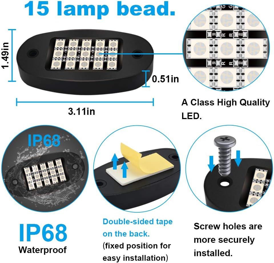 TACHICO RGB LED Rock Lights with APP/Double RF Remote Control,120 LEDs Multicolor Underglow Neon IP68 Flashing Music Timing Mode Light Kits for Jeep Off Road Truck ATV Motorcycle, DC 12V（8 Pods）: Automotive