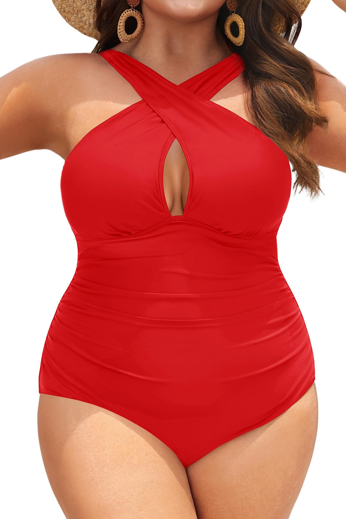 Photo 1 of Daci Women Plus Size Swimsuits Tummy Control Red One Piece Bathing Suits Front Cross Keyhole Swimwear Red 26 Plus