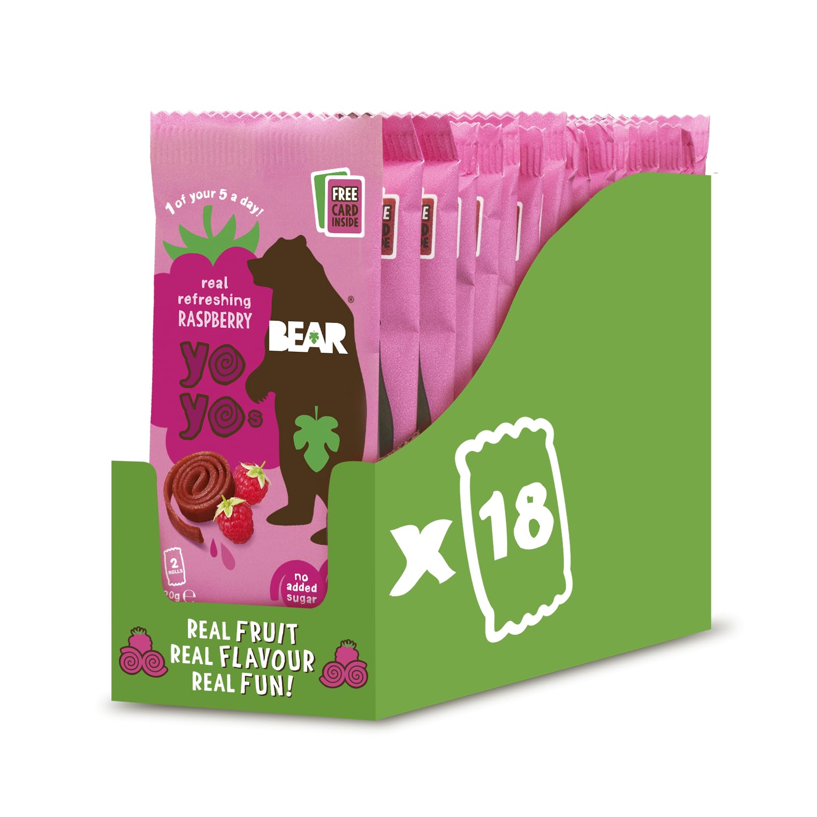 BEAR Raspberry Yoyos - Dried Fruit Rolls - Healthy - Vegan - 20g (18 Packs)
