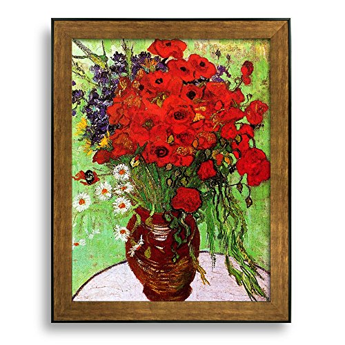 Framed Art Still Life: Red Poppies and Daisies by Vincent Van Gogh Famous Painting Wall Decor Bronze and Black Frame