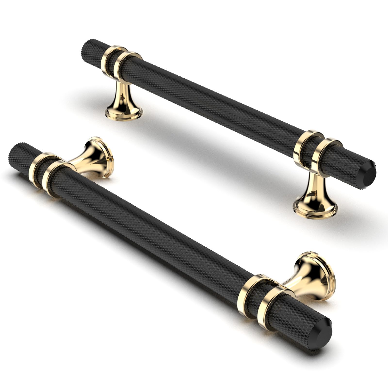FURNIWARE Pack of 5 Modern Gold + Black Zinc Alloy + Aluminum Cabinet Handles, 128mm Center to Center, 5 Inch Hole, Knurled Pulls for Cabinet, Drawer, Door, Cupboard, Wardrobe