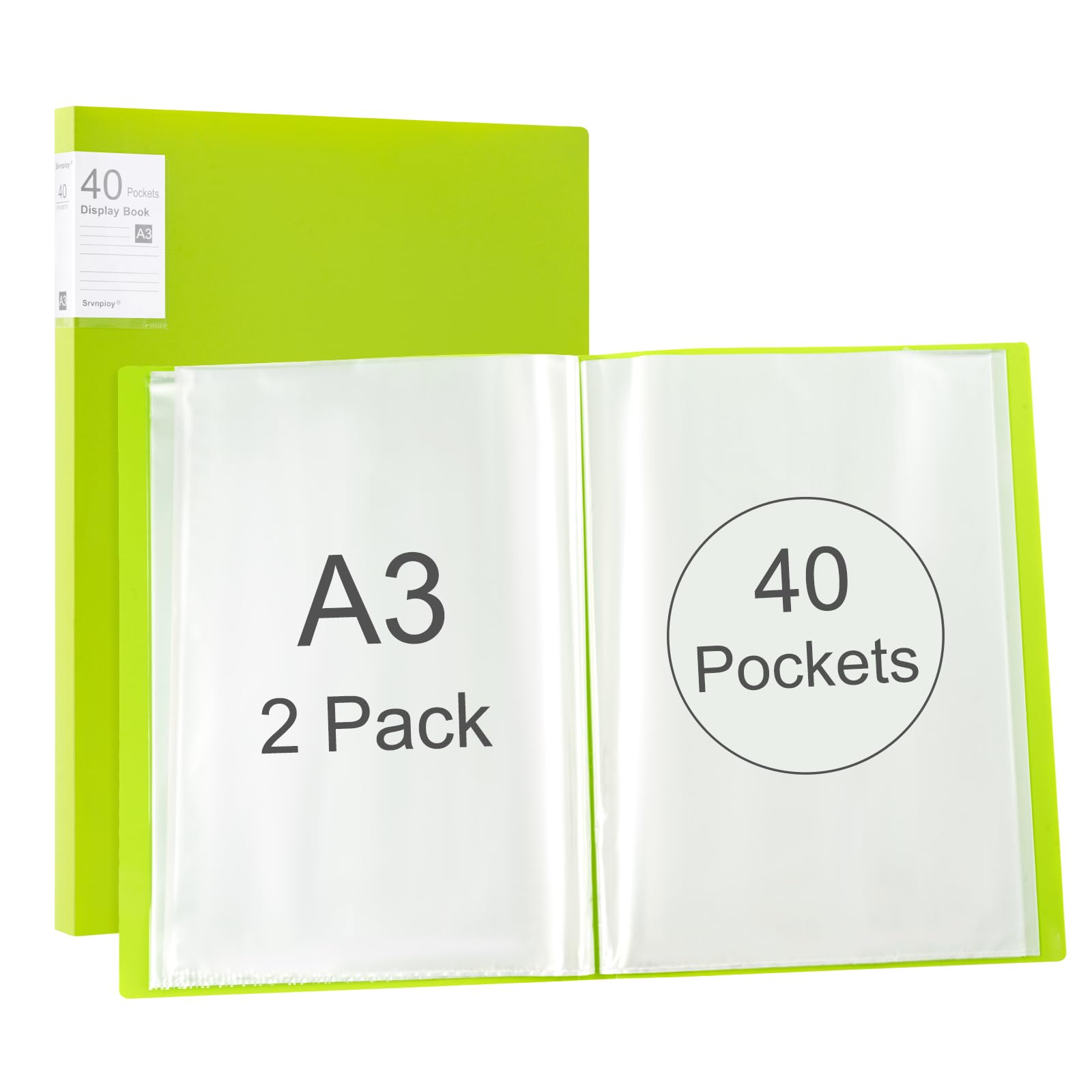Srvnpioy A3 Display Book 40 Pockets, 2 Pack, 80 Sheet Capacity, Transparent Pockets, A3 Portfolio Presentation Book for Artwork, Drawing, Report,Green