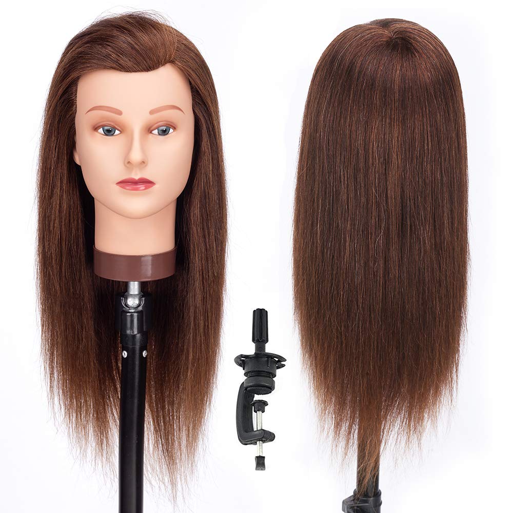 Übungskopf 18 Zoll 100% Echthaar Haar Friseur Übungskopf Praxis Schaufensterpuppe Kopf mit Klemme (Kann gebleicht und gewellt werden)