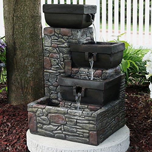 Sunnydaze 4-Tier Stacked Stone Square Bowls Outdoor Water Fountain with LED Lights, 22-Inch Tall